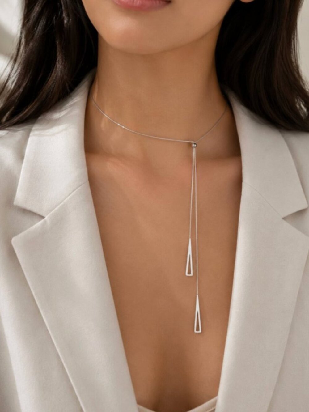 925 Sterling Silver Lariat Necklace Triangle Drop Necklace Box Chain Necklace